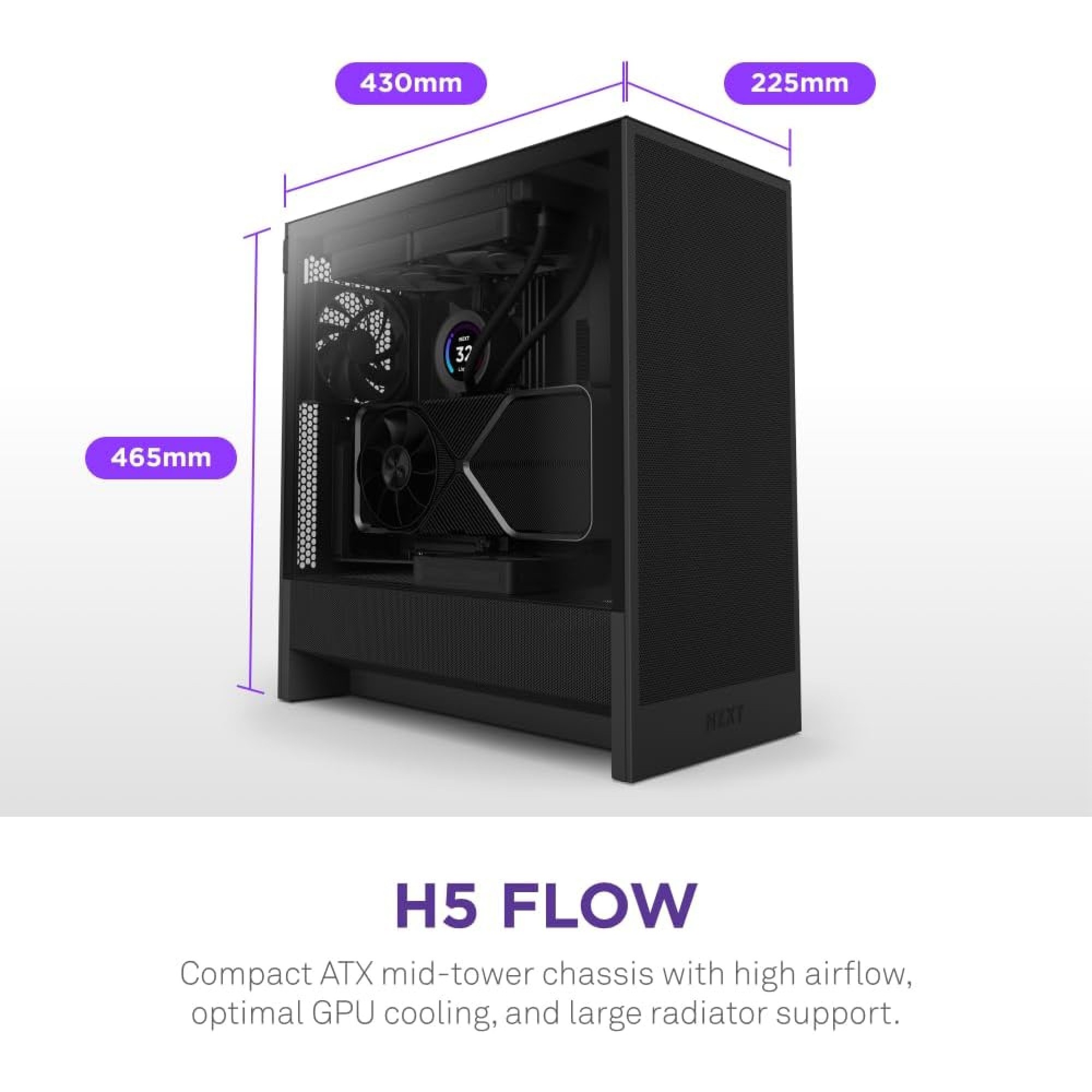 NZXT H5 Flow Compact ATX Κουτί με ανεμιστήρες RGB, Mαύρο
